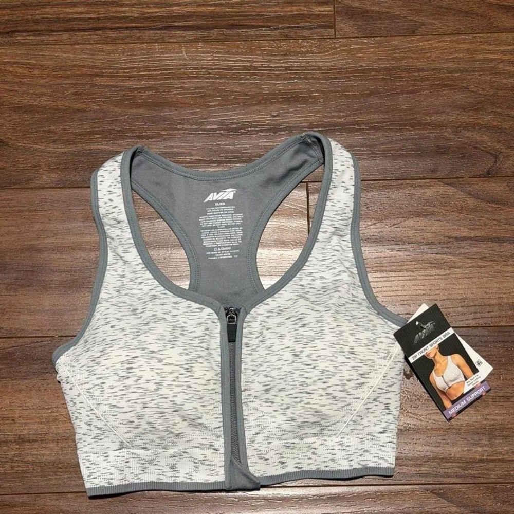 Avia Sports Bra XL Womens Gray NWT Zip Front Marbled Medium Support Racerback